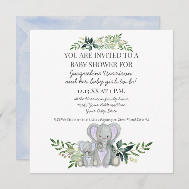 Blue Mummy n Baby Elephant w Foliage Boy Shower Invitation (Front/Back)