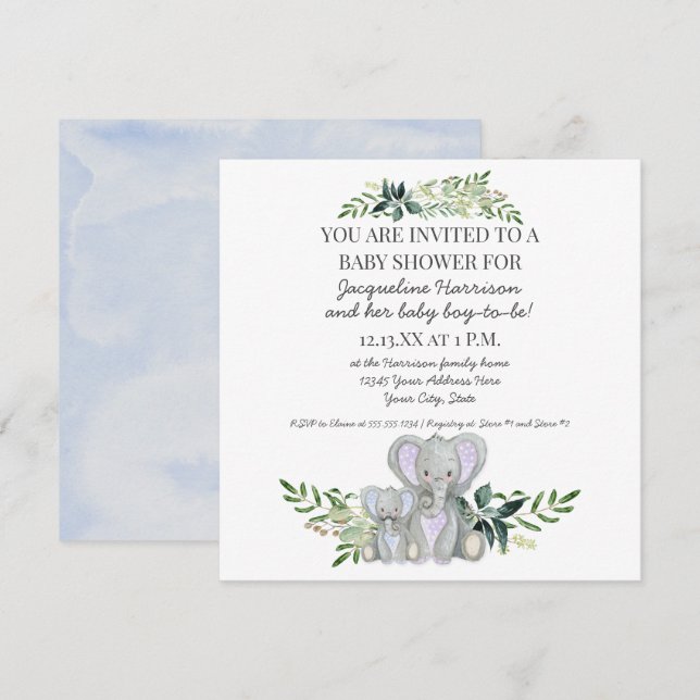 Blue Mummy n Baby Elephant w Foliage Boy Shower Invitation (Front/Back)