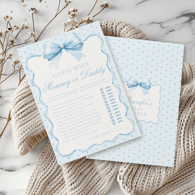 Blue mummy or daddy bow baby boy shower game invitation (Creator Uploaded)