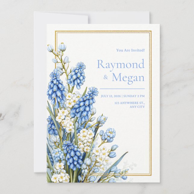 Blue Muscari White Blossom Gold Frame Wedding Invitation (Front)