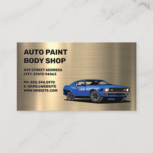 Blue Muscle Car | Metallic Background Business Card (Front)