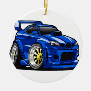 Blue muscle car speed cartoon - Choose back color Ceramic Tree Decoration