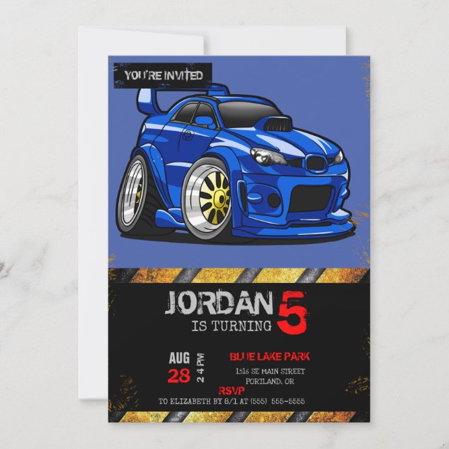 Blue muscle car speed cartoon - Choose back colour Invitation (Front)