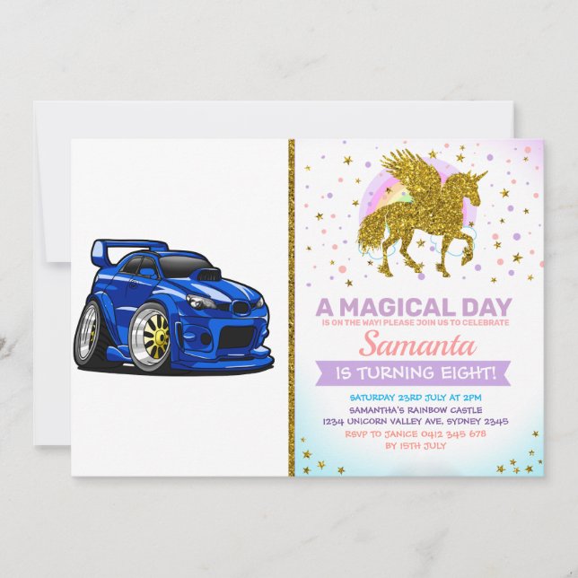 Blue muscle car speed cartoon - Choose back colour Invitation (Front)