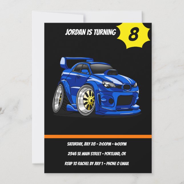 Blue muscle car speed cartoon - Choose back colour Invitation (Front)