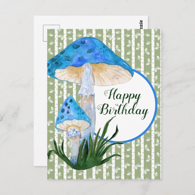 Blue Mushrooms on Aspen Birthday Postcard (Front/Back)