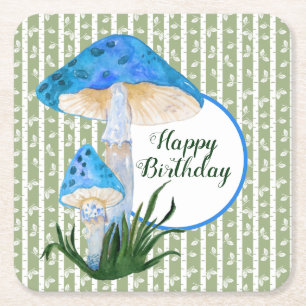 Blue Mushrooms on Aspen Birthday  Square Paper Coaster