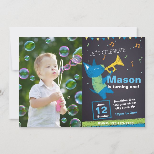 Blue Music Birthday Invitation with photo (Front)