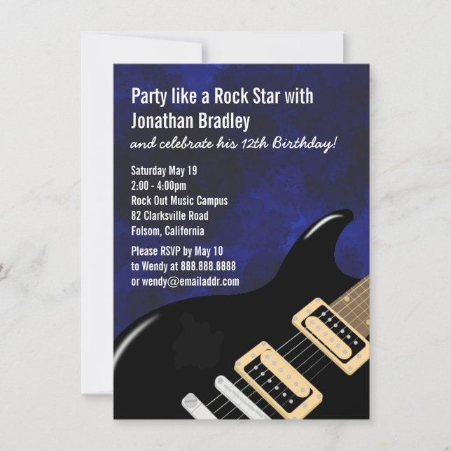 Blue Music Guitar Rock Star Birthday Invitation (Front)