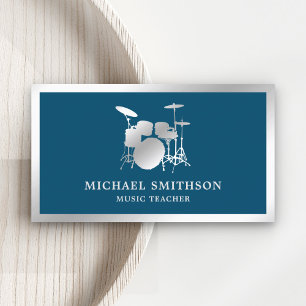 Blue Music Teacher Silver Foil Drum Kit Drummer Business Card