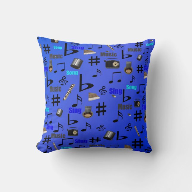 Blue Musical Notes And Instruments, Cushion (Front)