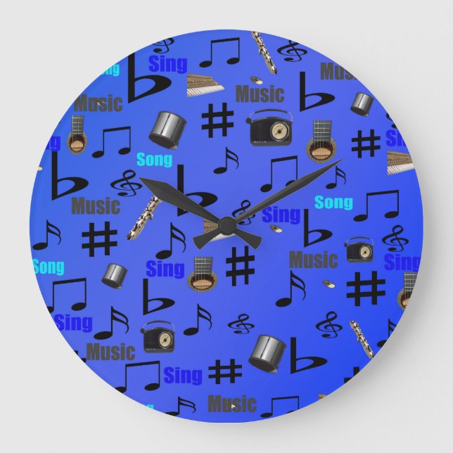 Blue Musical Notes And Instruments, Large Clock (Front)