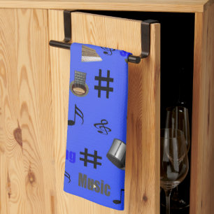 Blue Musical Notes And Instruments, Tea Towel