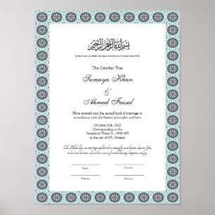 blue muslim nikkah certificate  poster