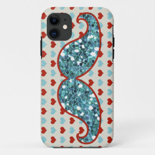 BLUE MUSTACHE AND RED HEARTS GLITTER iPhone 11 CASE