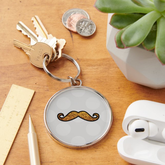 Blue Mustache, Curl Mustache, Stache, Polka Dots Key Ring (Desk)