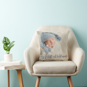 Blue My First Christmas Baby Photo Cushion