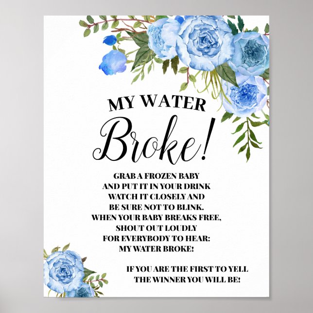 Blue My Water Broke Baby Shower game sign (Front)