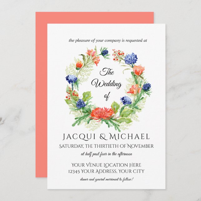 Blue n Coral Chrysanthemum Thistle Wreath Wedding Invitation (Front/Back)