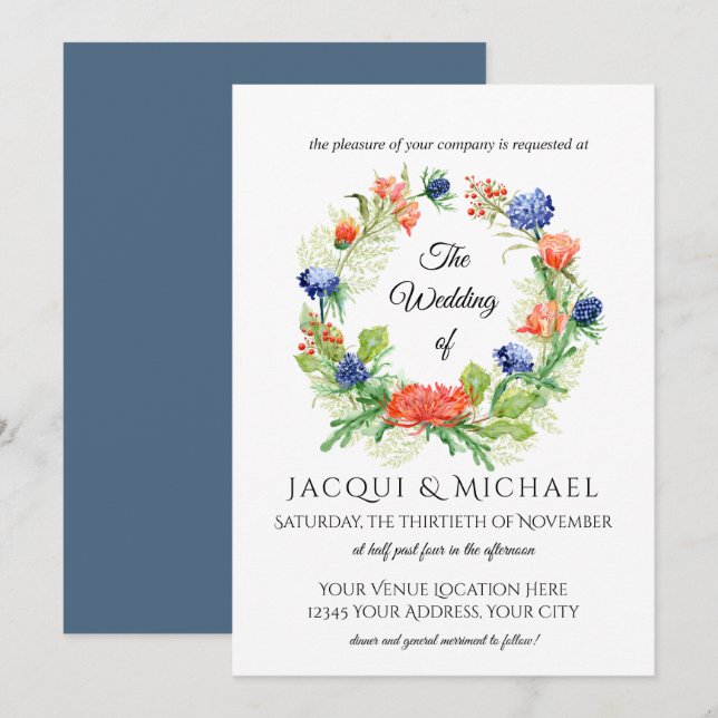 Blue n Orange Chrysanthemum Thistle Wreath Wedding Invitation (Front/Back)