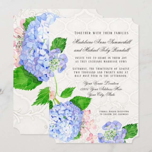 Blue n Pink Hydrangeas Watercolor Floral Arabesque Invitation (Front/Back)
