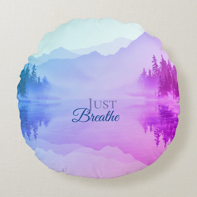 Blue N Pink Mountains Forest Landscape Round Cushion (Front)