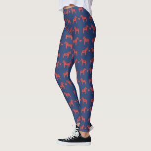 Blue n Red Dala Horse with Heart Folk Art Pattern Leggings