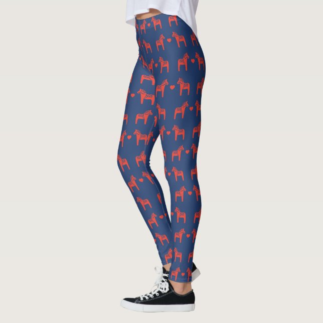Blue n Red Dala Horse with Heart Folk Art Pattern Leggings (Left)
