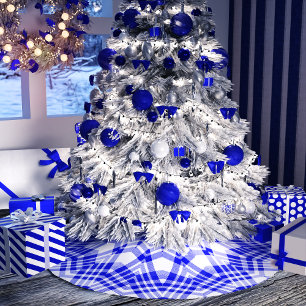 Blue n White Christmas Plaid Brushed Polyester Tree Skirt