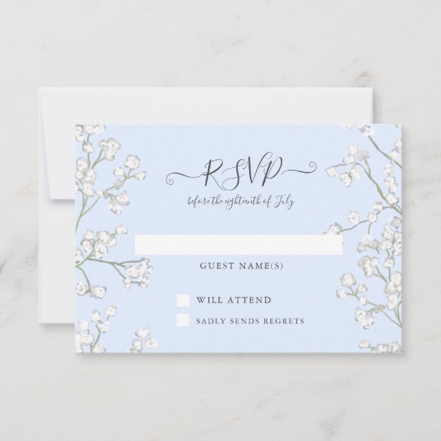 Blue n White Floral Babys Breath Baby Shower RSVP Card (Front)