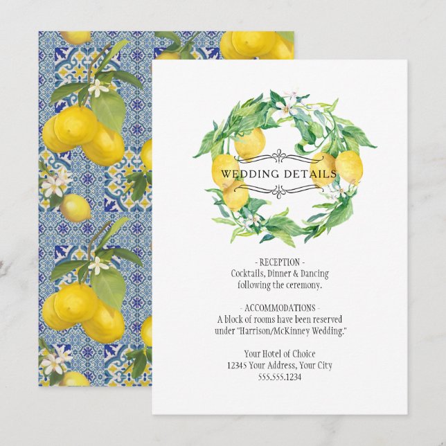 Blue n White Lemon Floral Foliage Wedding Details Invitation (Front/Back)