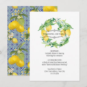 Blue n White Lemon Floral Foliage Wedding Details Invitation
