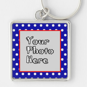 Blue n White Polka Dots Red Trim Photo Frame Key Ring
