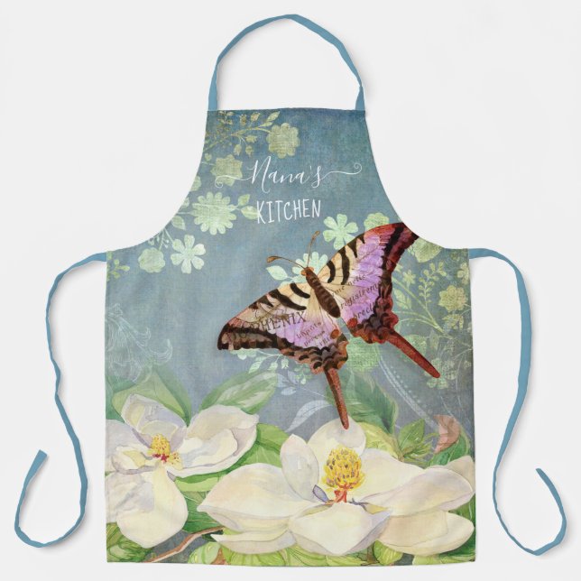 Blue n White Watercolor Magnolia Floral Butterfly Apron (Front)