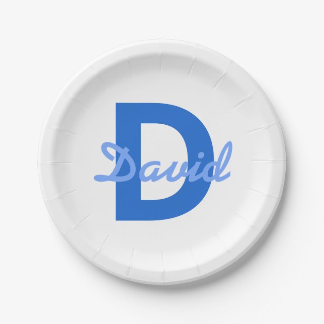 Blue Name & Monogram Paper Plate (Front)