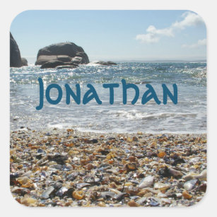 Blue Name Text Shells and Ocean Photo Square Sticker