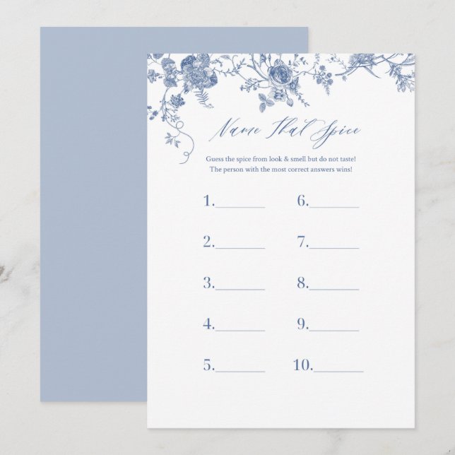Blue Name That Spice Bridal Shower Game Cards (Front/Back)