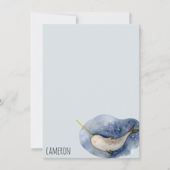Blue Narwhal Modern Watercolor Ocean Personalised Card (Front)