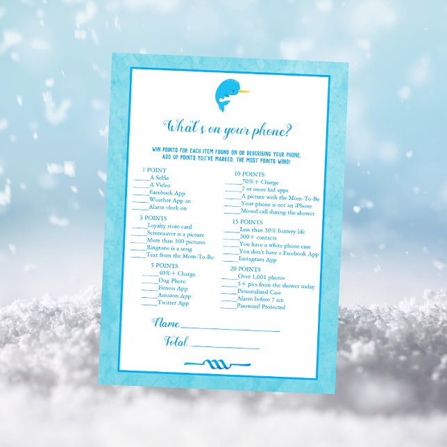 Blue Narwhal What's On Your Phone Baby Shower Game Invitation (Creator Uploaded)