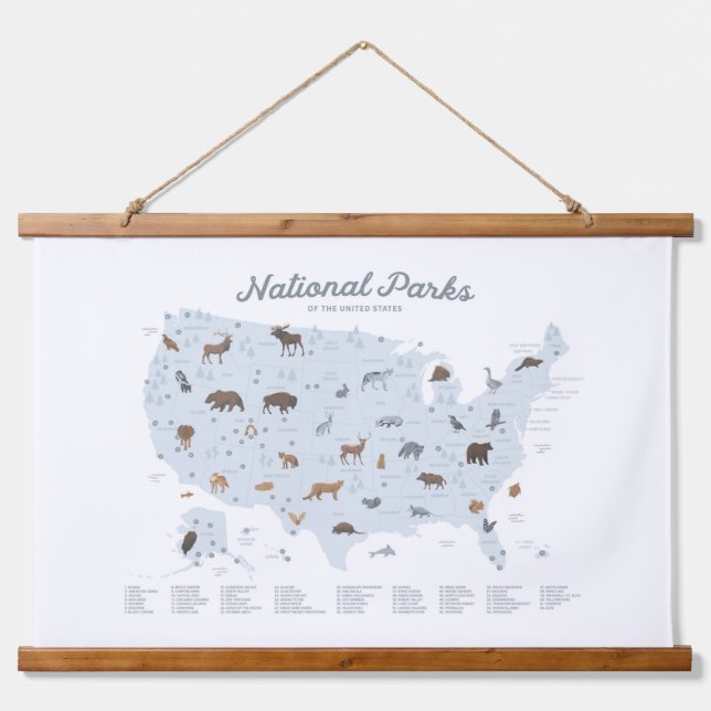 Blue National Parks Map Woodland Nursery Decor Hanging Tapestry (Front)