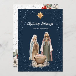 Blue Nativity Botanical Christian Christmas Card