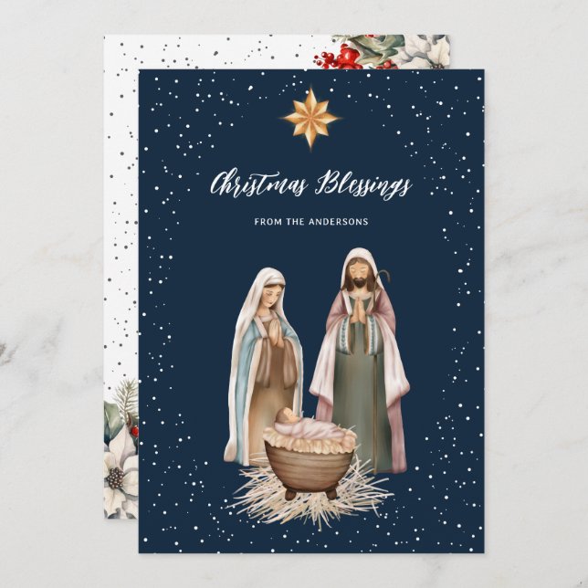 Blue Nativity Botanical Christian Christmas Card (Front/Back)