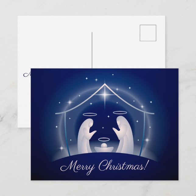 Blue Nativity Merry Christmas Holiday Postcard (Front/Back)
