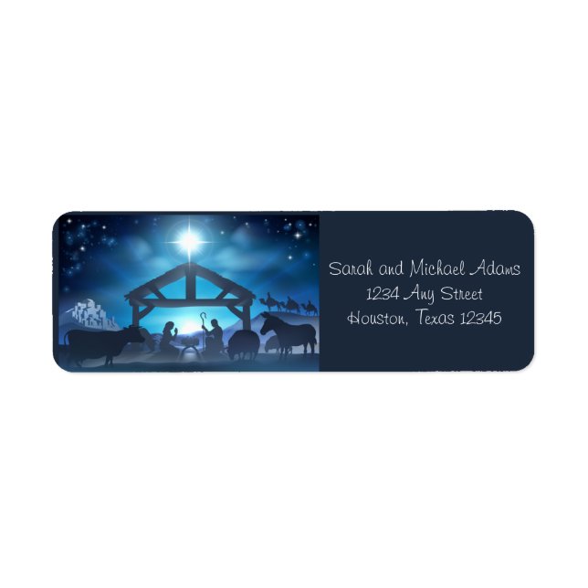 Blue Nativity Religious Christmas Return Address (Front)