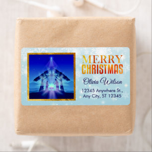 Blue Nativity Scene and Snowflakes Christmas