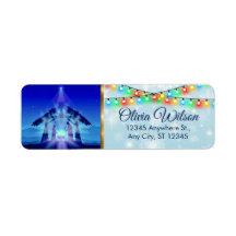Blue Nativity Scene and Snowflakes Christmas