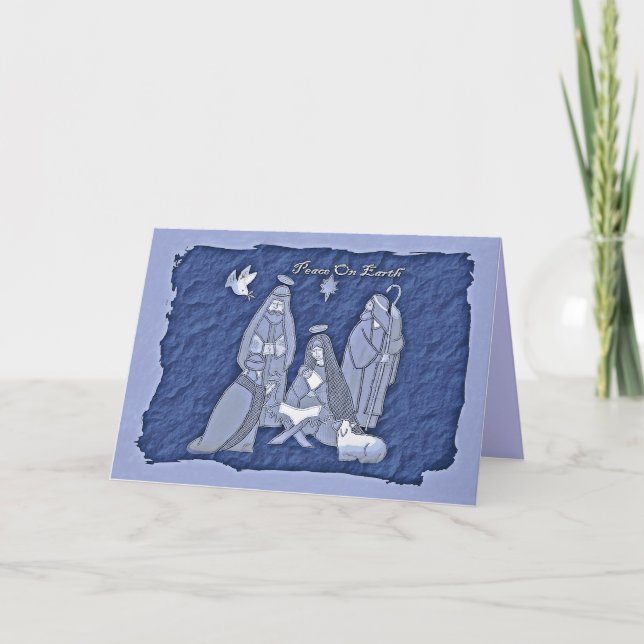 Blue Nativity Scene Greeting Card (Front)