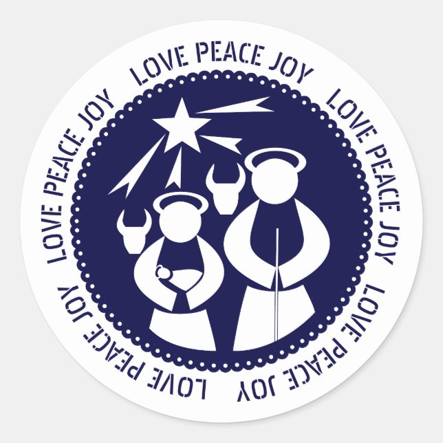 Blue Nativity Scene Love, Peace, Joy Christmas Classic Round Sticker (Front)