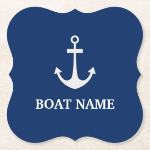 Blue Nautical Anchor Boat Name Paper Coaster