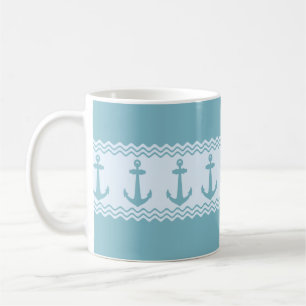 Blue Nautical Anchor Coastal Stripes Coffee Mug